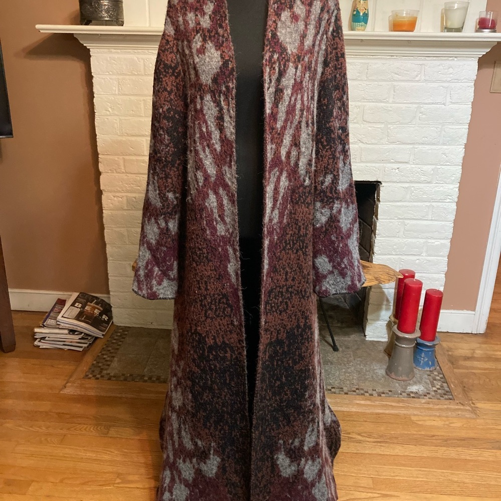 Free People Long Open-Front Knit Rare Maxi Sweater with Bohemian vibes size L